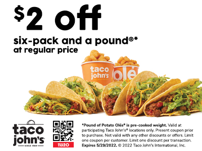 Image of the coupon for https://tacojohns.com/wp-content/uploads/2022/03/P3-2022_2off_SPAPP.jpg