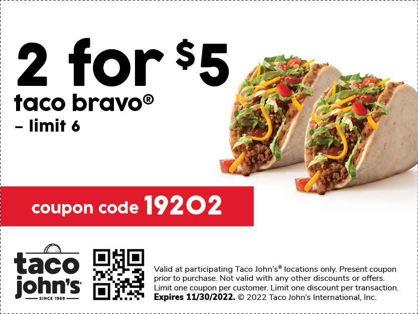 Image of the coupon for https://tacojohns.com/wp-content/uploads/2022/08/2-for-5-taco-bravo.jpg