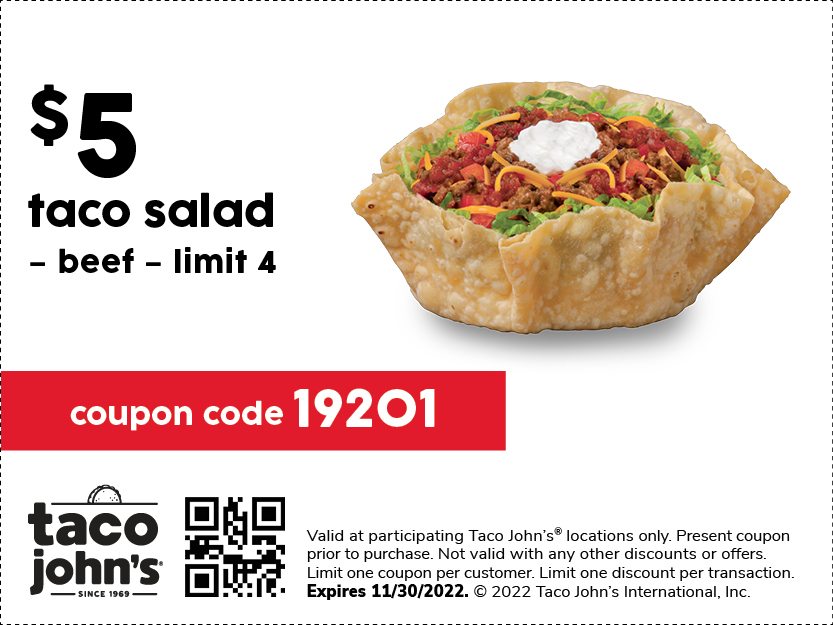 Image of the coupon for https://tacojohns.com/wp-content/uploads/2022/08/5offtacosalad.jpg