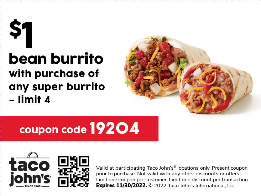 Image of the coupon for https://tacojohns.com/wp-content/uploads/2022/08/bean-burrito.jpg