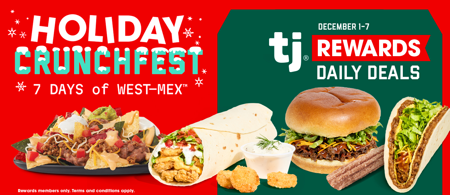 A Taco John’s Taco Burger, Potato Olés, and a burrito arranged on a red and green holiday-themed background for the Holiday Crunchfest seven-day deals promotion.
