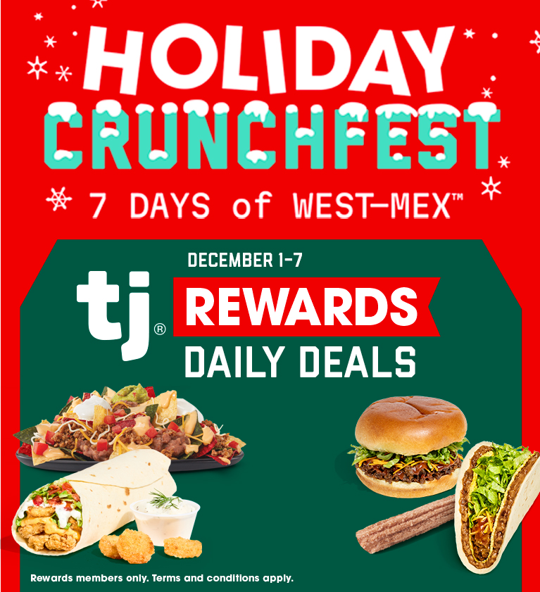 A Taco John’s Taco Burger, Potato Olés, and a burrito arranged on a red and green holiday-themed background for the Holiday Crunchfest seven-day deals promotion.