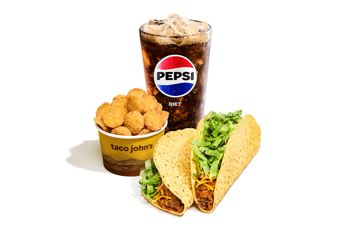 Two Crispy Tacos Combo with Potato Olés and a Pepsi.