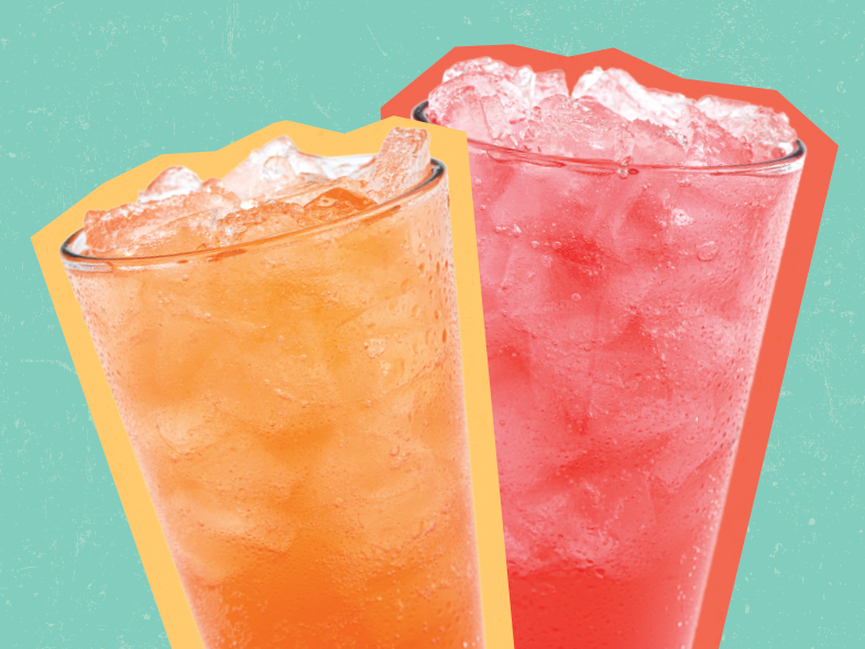 Two iced Summer Sips drinks: Summer Punch with Mountain Dew® and Cherry Fizz with STARRY®, shown side by side.